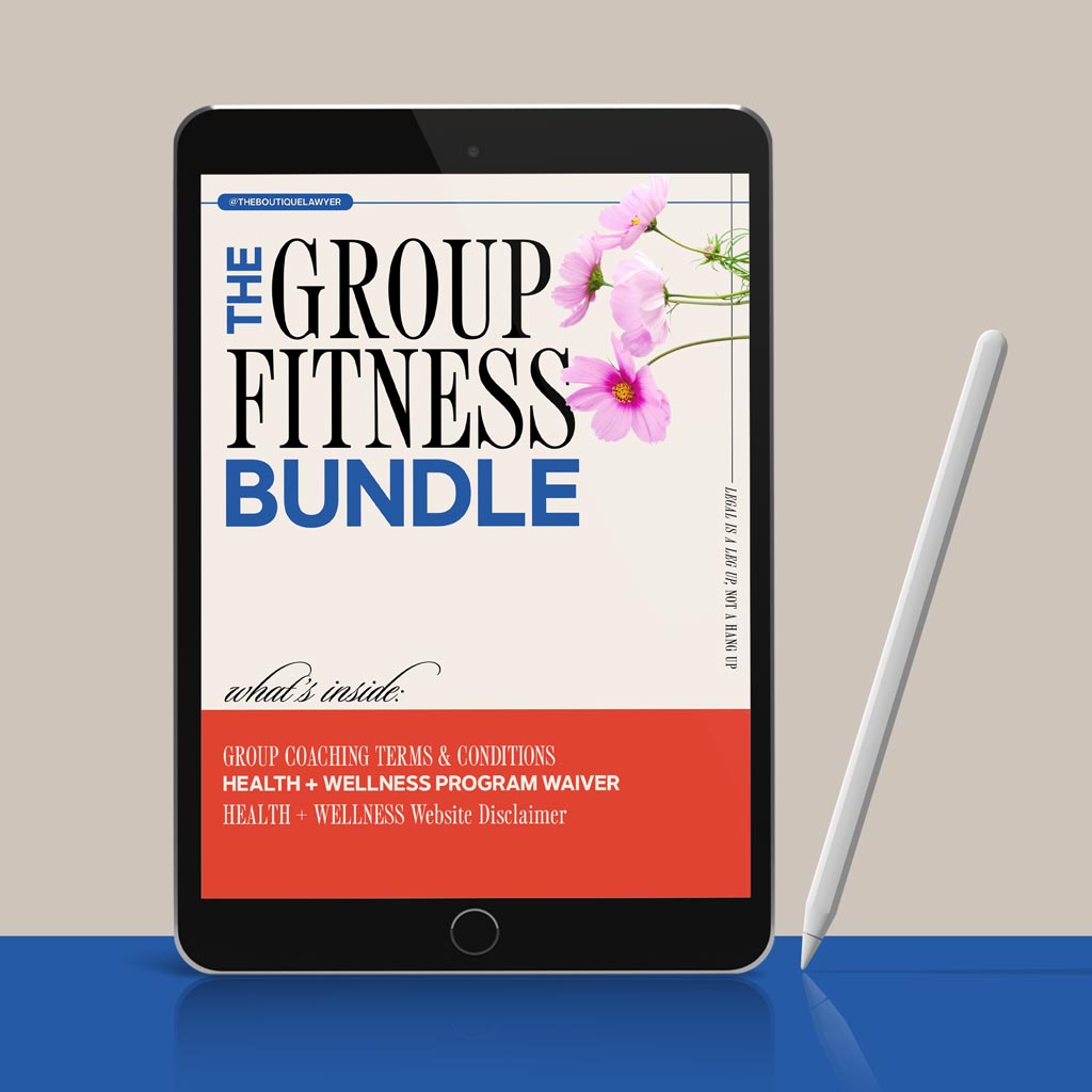 A tablet displaying &quot;THE GROUP FITNESS BUNDLE&quot; document with a flower, listing contents including an Agreement, Health + Wellness Program Waiver, Health + Wellness Website Disclaimer, with a stylus beside it.