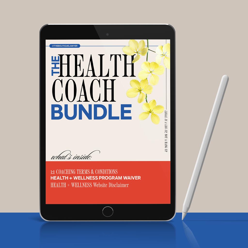 A tablet displaying &quot;THE HEALTH COACH BUNDLE&quot; document with a flower, listing contents including an 1:1 Coaching Terms + Condition, Health + Wellness Program Waiver, Health + Wellness Website Disclaimer, with a stylus beside it.