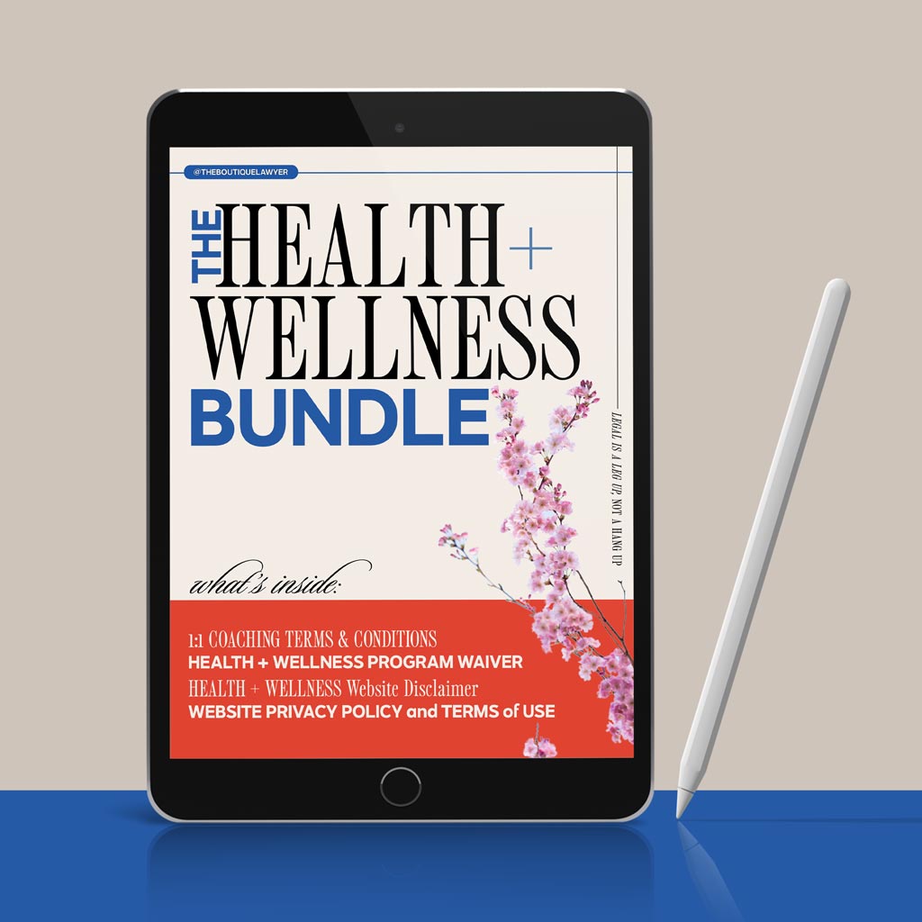 A tablet displaying "THE HEALTH + WELLNESS BUNDLE" document with a flower, listing contents including an 1:1 Coaching Terms & Conditions, Health + Wellness Program Waiver, health + Wellness website disclaimer and Privacy policy with terms of use, with a stylus beside it.