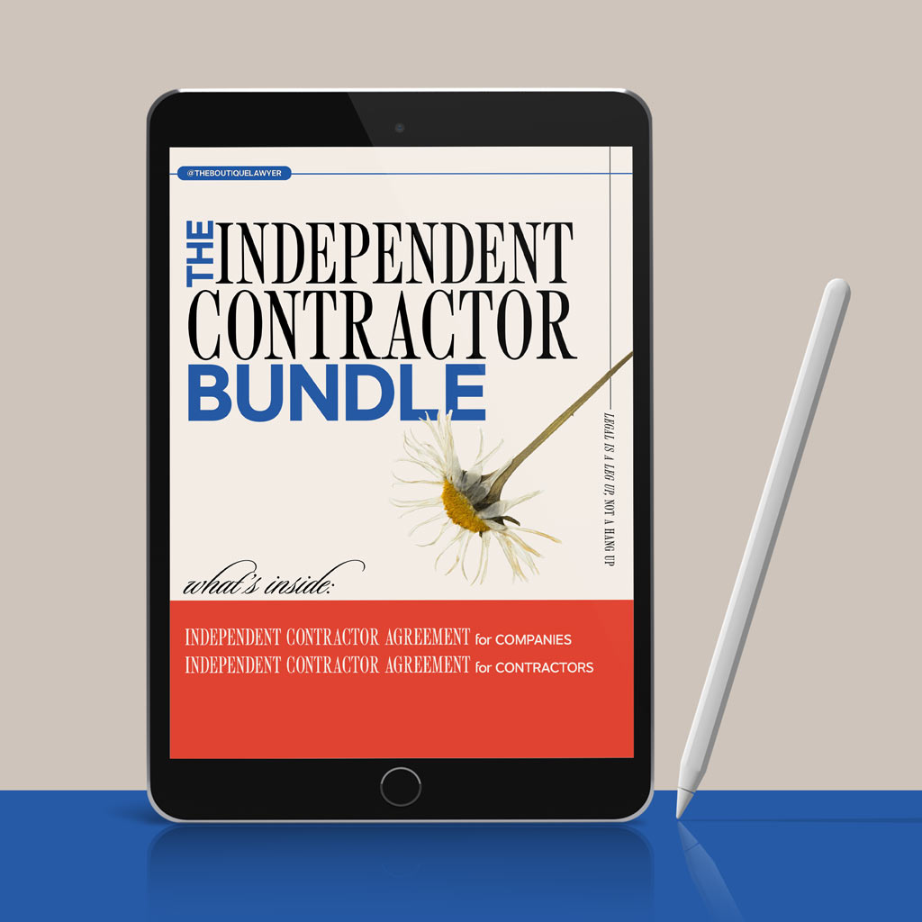 A tablet displaying &quot;THE INDEPENDENT CONTRACTOR BUNDLE&quot; document with a flower, listing contents including an Agreement for Companies and an Agreement or Contractors, with a stylus beside it.