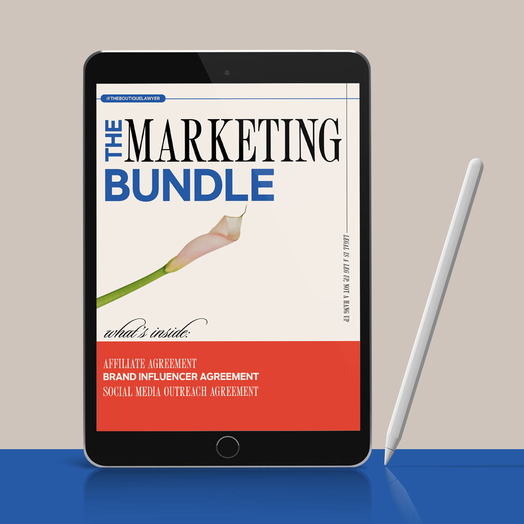 A tablet displaying &quot;THE MARKETING BUNDLE&quot; document with a flower, listing contents including an Affiliate Agreement, Brand Influencer Agreement, Social Media Outreach Agreement, with a stylus beside it.