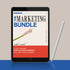 A tablet displaying "THE MARKETING BUNDLE" document with a flower, listing contents including an Affiliate Agreement, Brand Influencer Agreement, Social Media Outreach Agreement, with a stylus beside it.