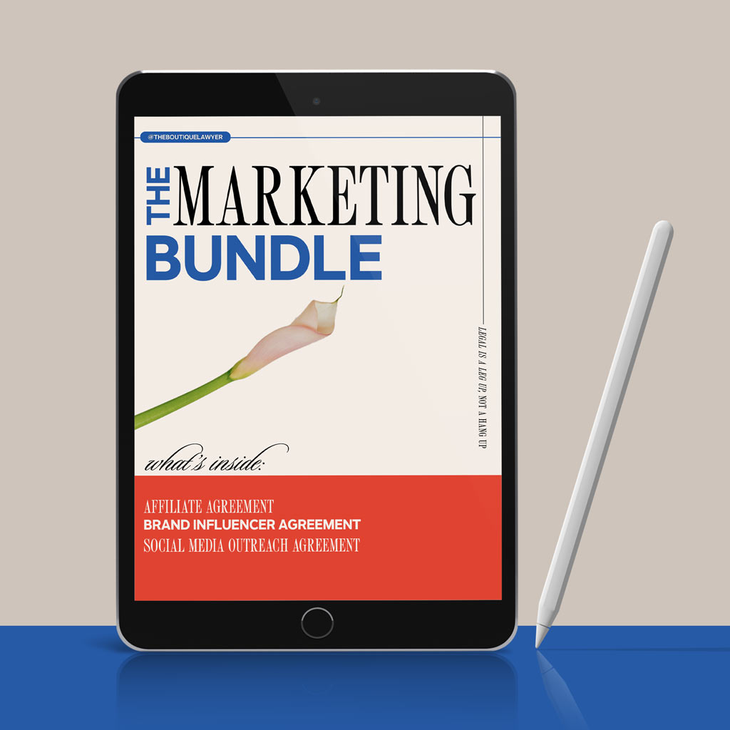 A tablet displaying "THE MARKETING BUNDLE" document with a flower, listing contents including an Affiliate Agreement, Brand Influencer Agreement, Social Media Outreach Agreement, with a stylus beside it.