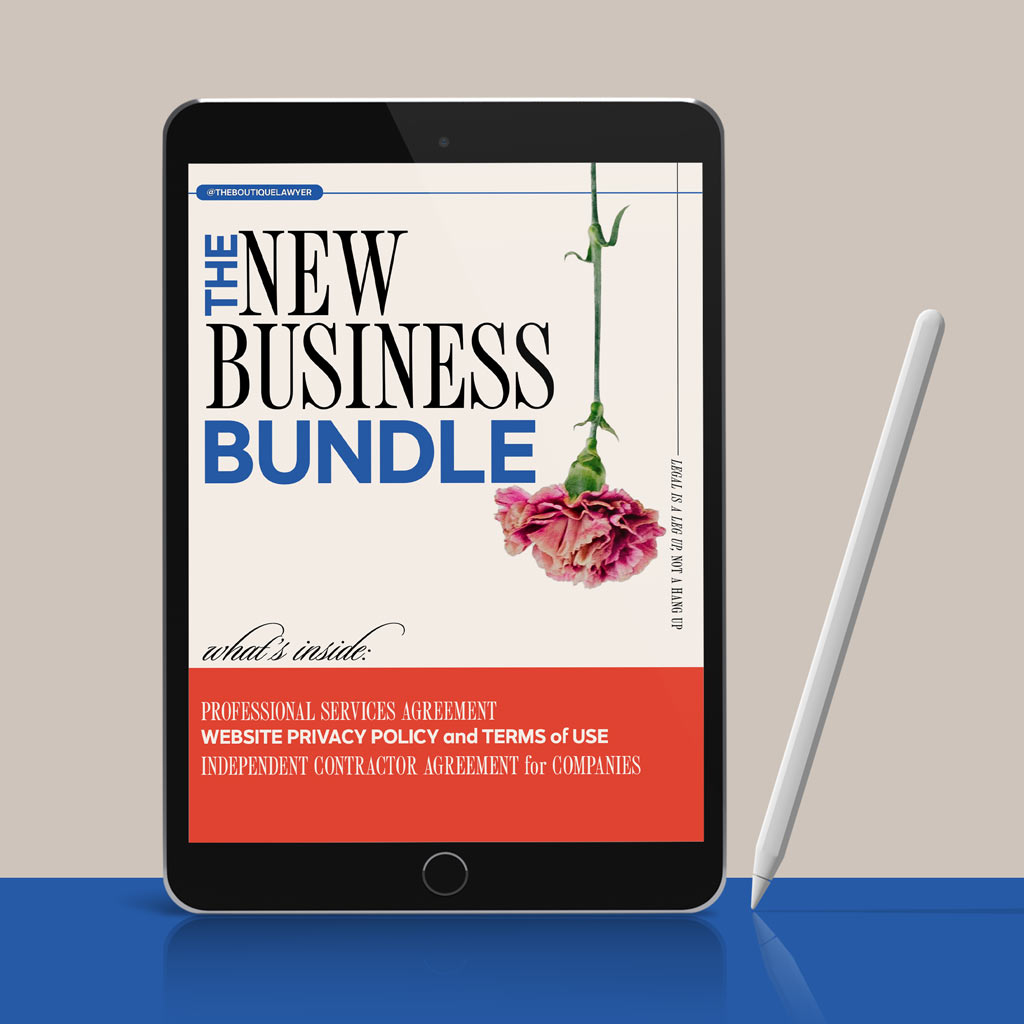 A tablet displaying &quot;THE NEW BUSINESS BUNDLE&quot; document with a flower, listing contents including an Agreement, Website Privacy Policy and Terms of Use, and Independent Contractor Agreement for Companies, with a stylus beside it.