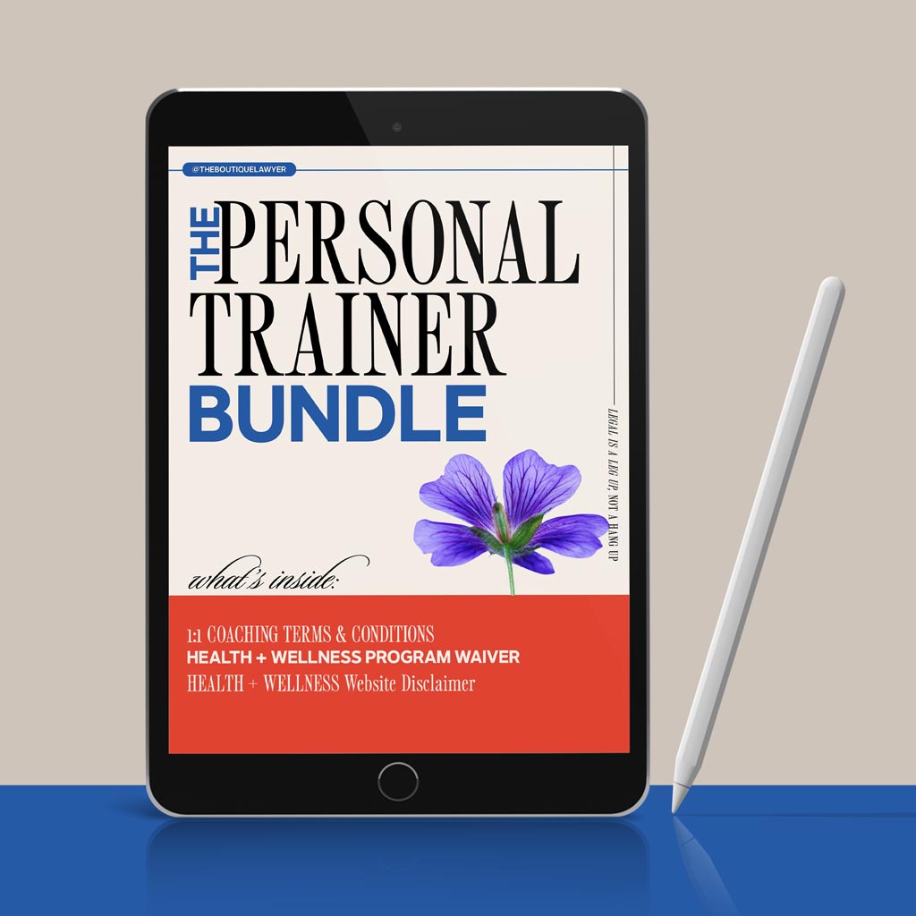 A tablet displaying &quot;THE PERSONAL TRAINER BUNDLE&quot; document with a flower, listing contents including an 1:1 Coaching Terms + Condition, Health + Wellness Program Waiver, Health + Wellness Website Disclaimer, with a stylus beside it.