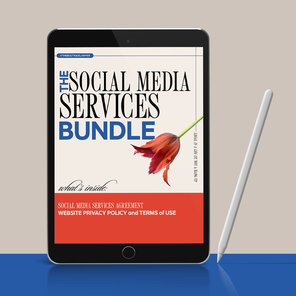 A tablet displaying &quot;THE SOCIAL MEDIA SERVICES BUNDLE&quot; document with a flower, listing contents including an Agreement, Website Privacy Policy and Terms of Use, with a stylus beside it.