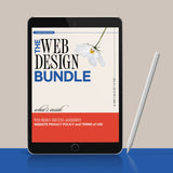 A tablet displaying "THE WEB DESIGN BUNDLE" document with a flower, listing contents including an Agreement, Website Privacy Policy and Terms of Use, with a stylus beside it.