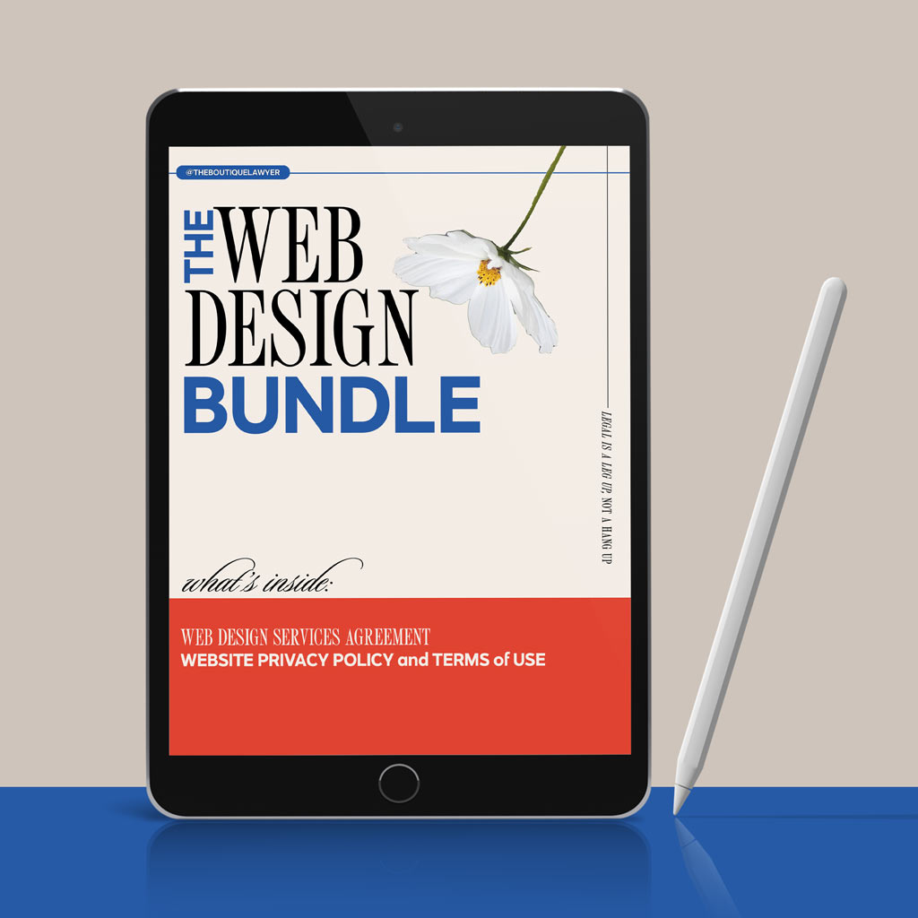 A tablet displaying &quot;THE WEB DESIGN BUNDLE&quot; document with a flower, listing contents including an Agreement, Website Privacy Policy and Terms of Use, with a stylus beside it.