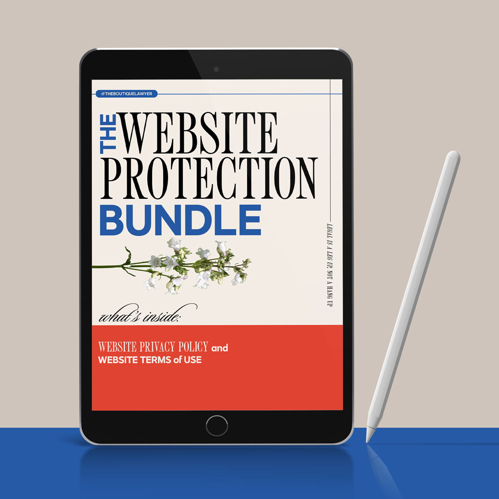 A tablet displaying &quot;THE WEBSITE PROTECTION BUNDLE&quot; document with a flower, listing contents including a Website Privacy Policy and Terms of Use, with a stylus beside it.