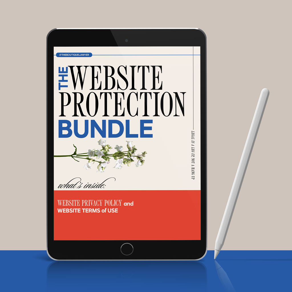 A tablet displaying "THE WEBSITE PROTECTION BUNDLE" document with a flower, listing contents including a Website Privacy Policy and Terms of Use, with a stylus beside it.