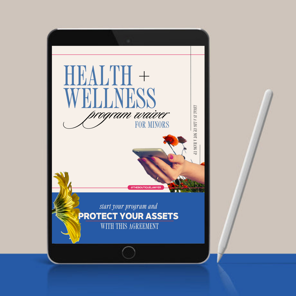 Digital tablet displaying a "Health + Wellness program waiver for minors" with flower and a hand holding a phone, stylus beside it.