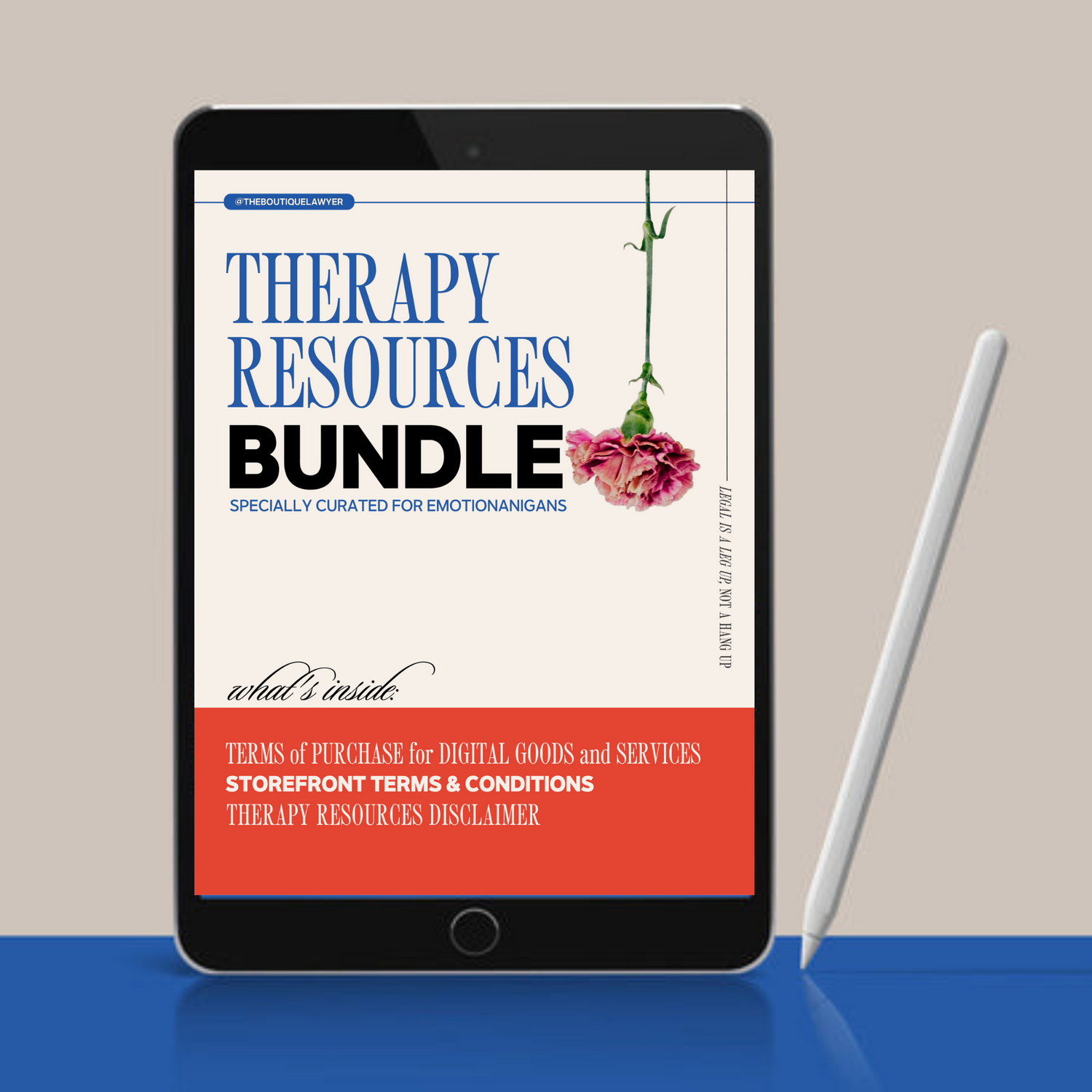 Digital tablet displaying a &quot;Therapy Resources Bundle&quot; with flower and a hand holding a phone, stylus beside it.