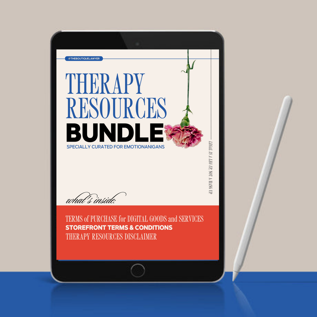 Digital tablet displaying a "Therapy Resources Bundle" with flower and a hand holding a phone, stylus beside it.