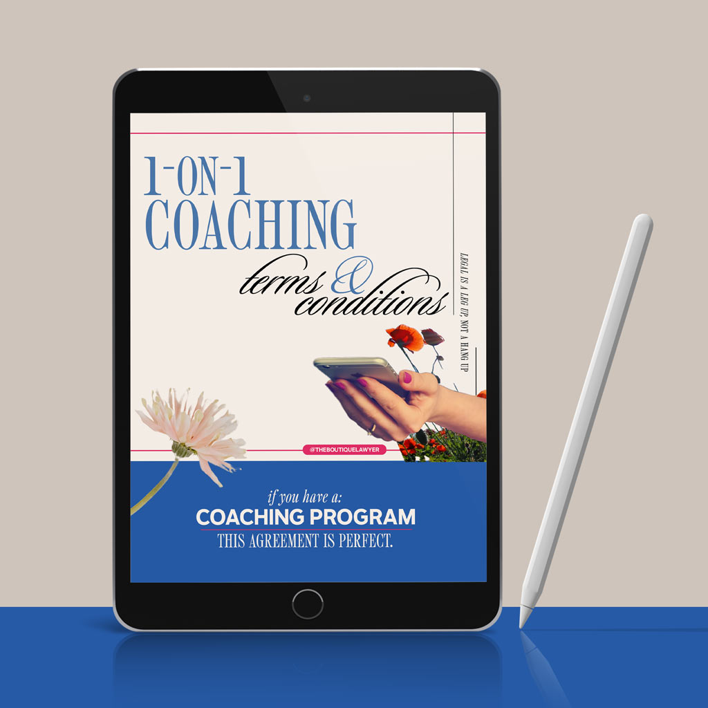 Digital tablet displaying a &quot;1-on-1 coaching terms &amp; conditions&quot; with flower and a hand holding a phone, stylus beside it.