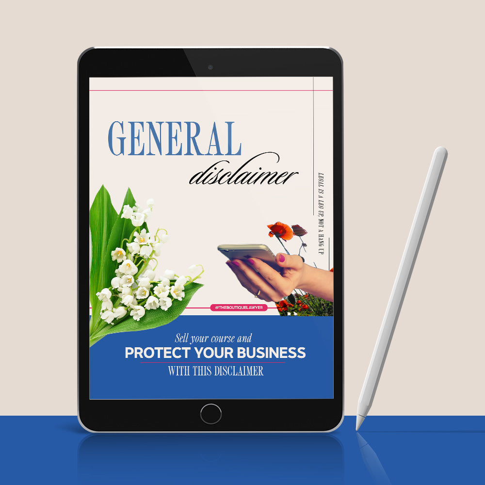 Digital tablet displaying a "General Disclaimer" with flower and a hand holding a phone, stylus beside it.