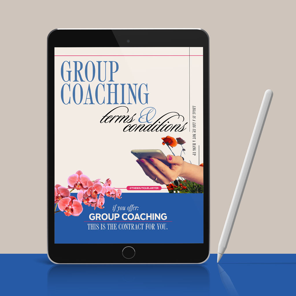 Digital tablet displaying a &quot;Group Coaching terms &amp; conditions&quot; with flower and a hand holding a phone, stylus beside it.