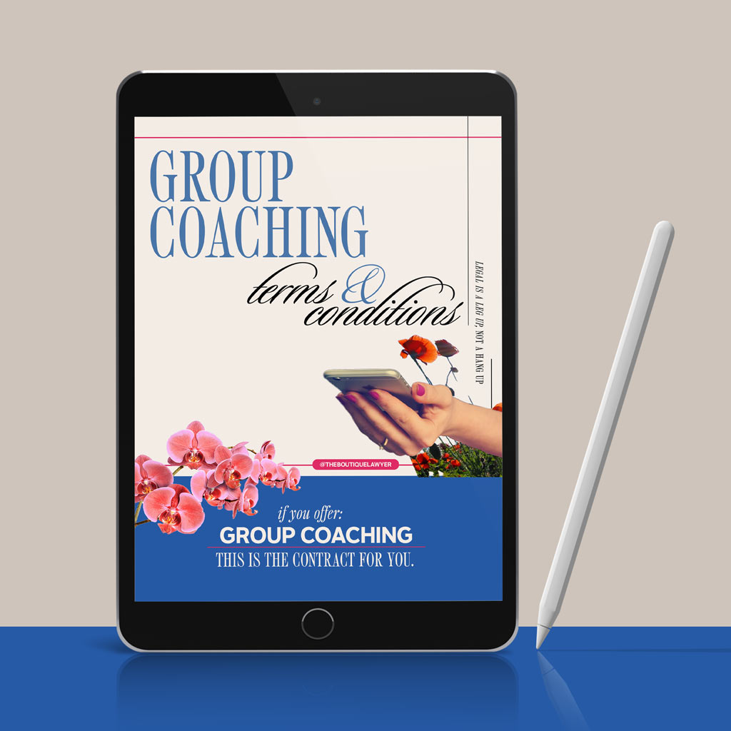 Digital tablet displaying a "Group Coaching terms & conditions" with flower and a hand holding a phone, stylus beside it.