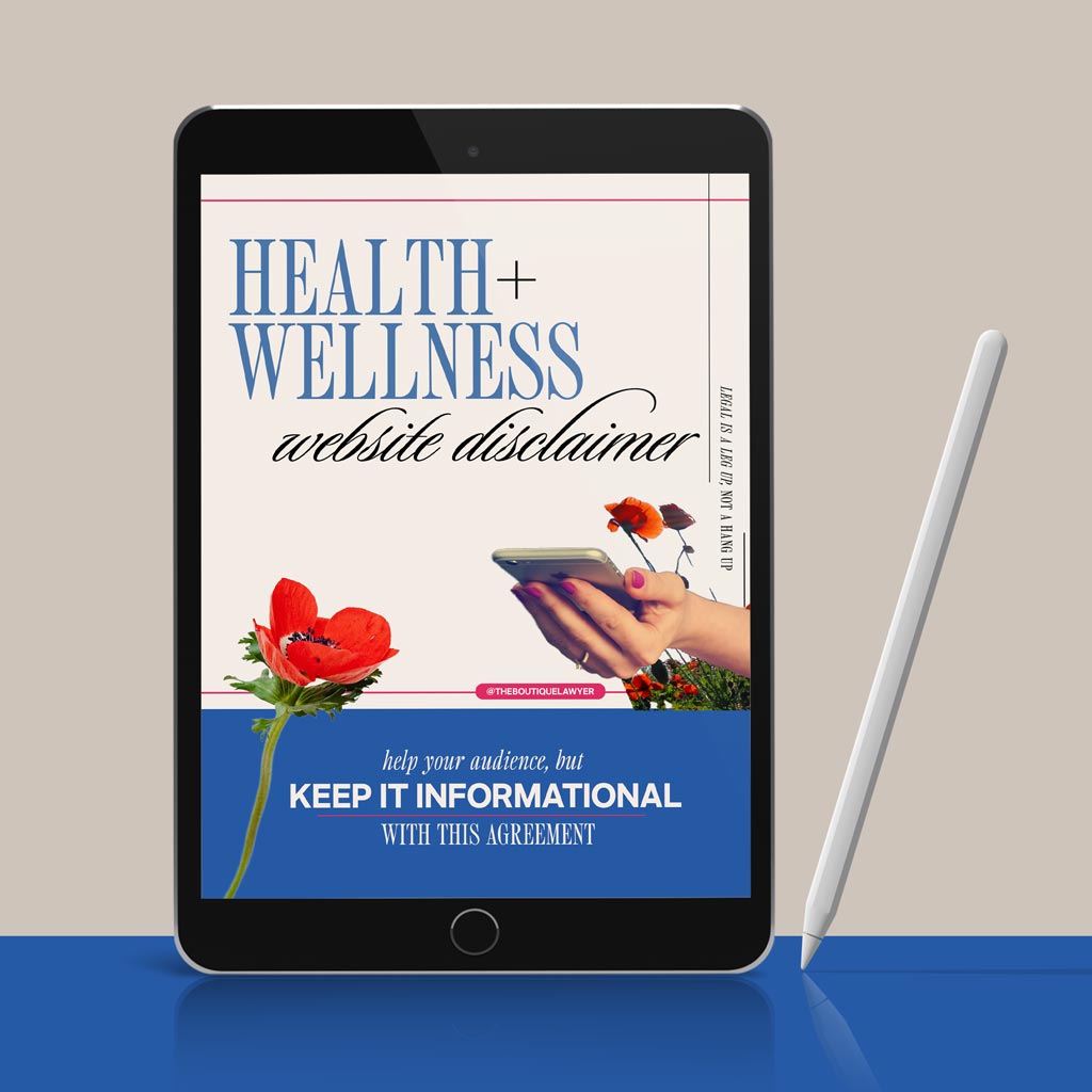 Digital tablet displaying a "Health + Wellness website disclaimer" with flower and a hand holding a phone, stylus beside it.
