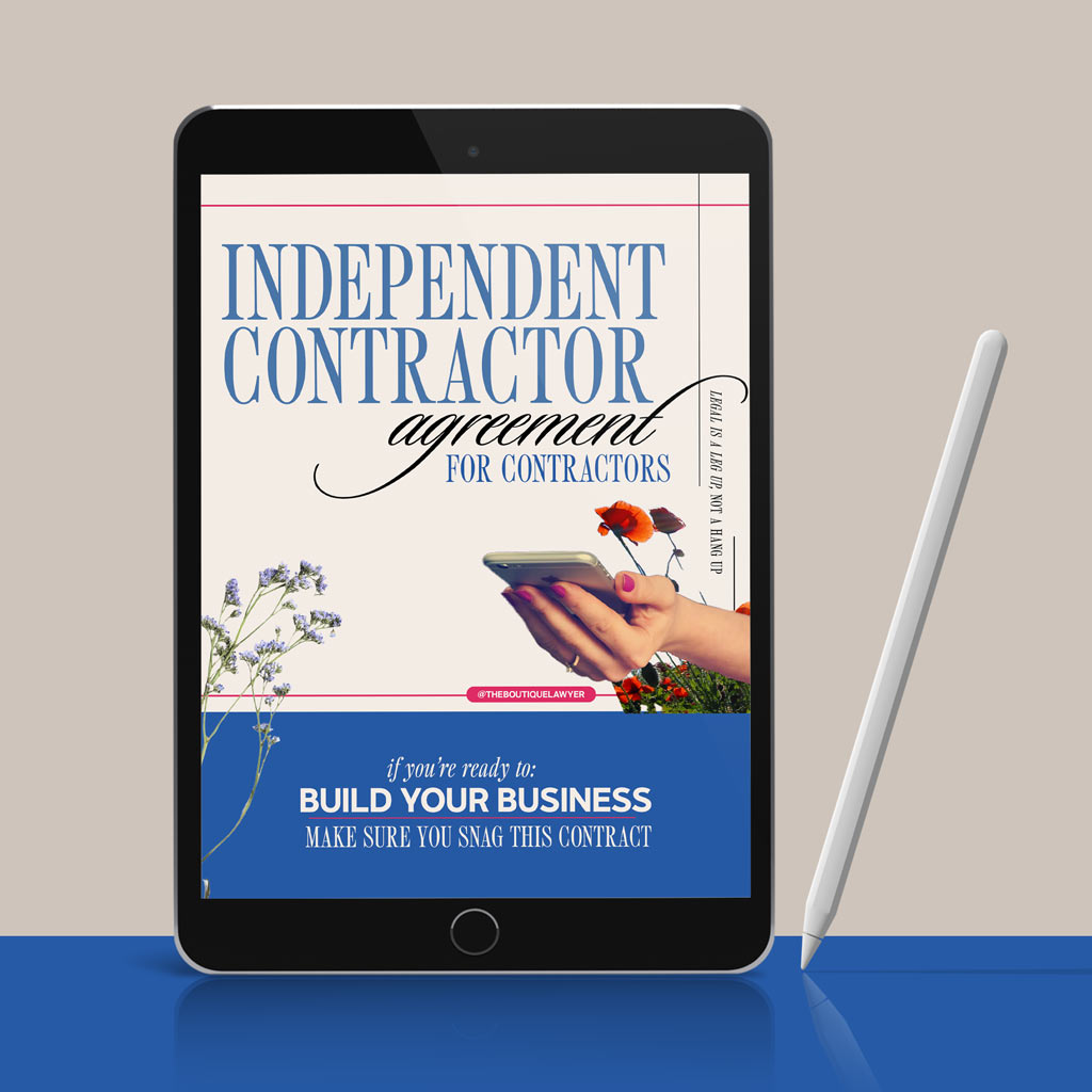 Digital tablet displaying a "Independent Contractor agreement for contractors" with flower and a hand holding a phone, stylus beside it.