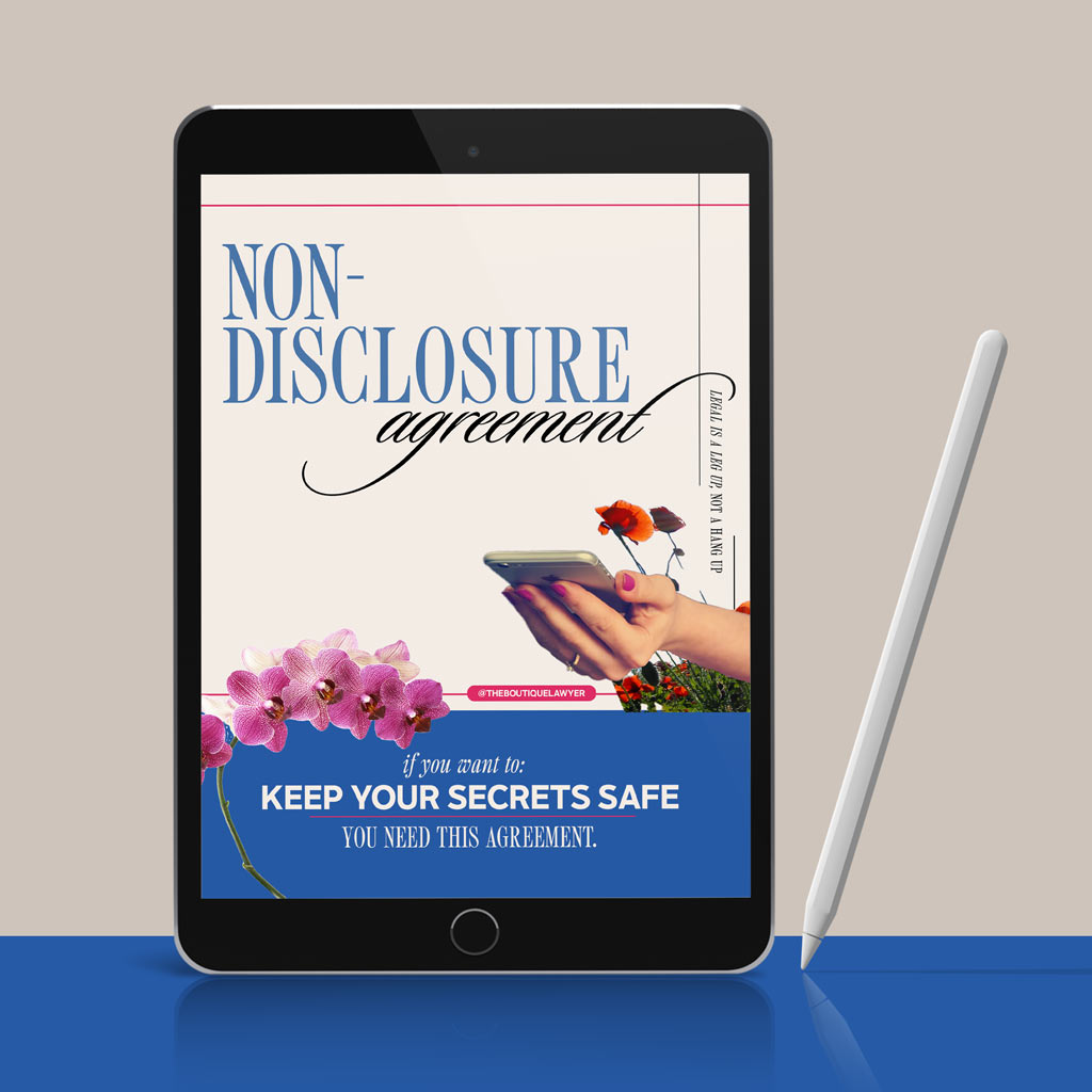 Digital tablet displaying a "Non-Disclosure agreement" with flower and a hand holding a phone, stylus beside it.