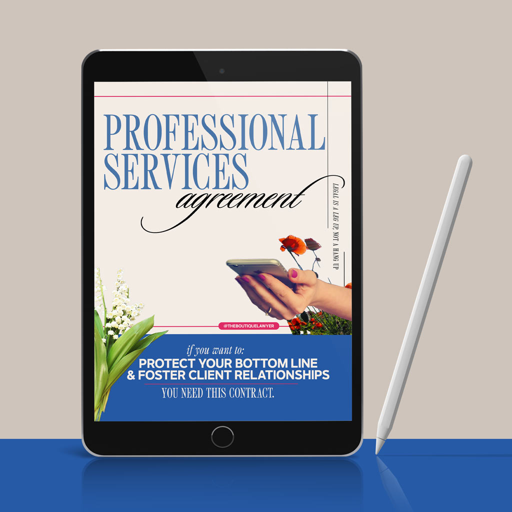 Digital tablet displaying a &quot;Professional Services agreement&quot; with flower and a hand holding a phone, stylus beside it.