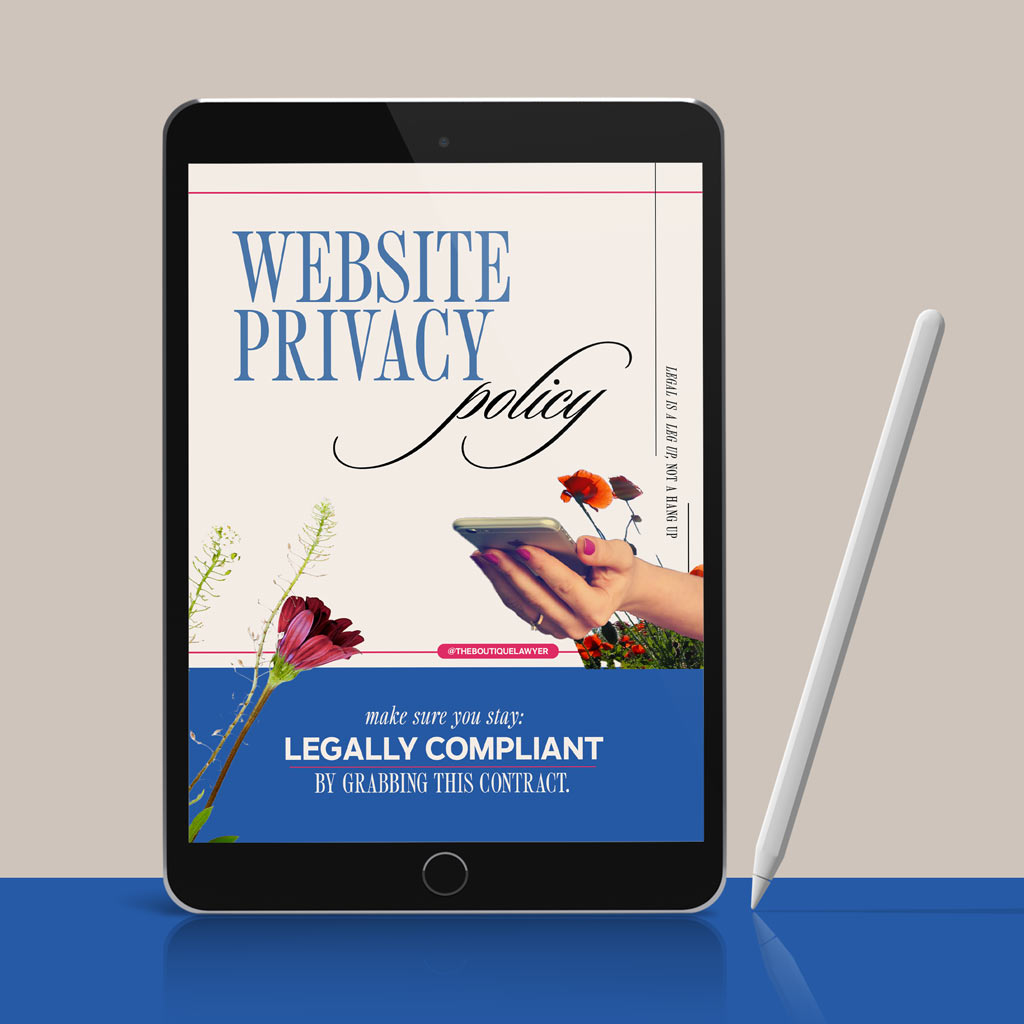 Digital tablet displaying a "Website Privacy Policy" with flower and a hand holding a phone, stylus beside it.