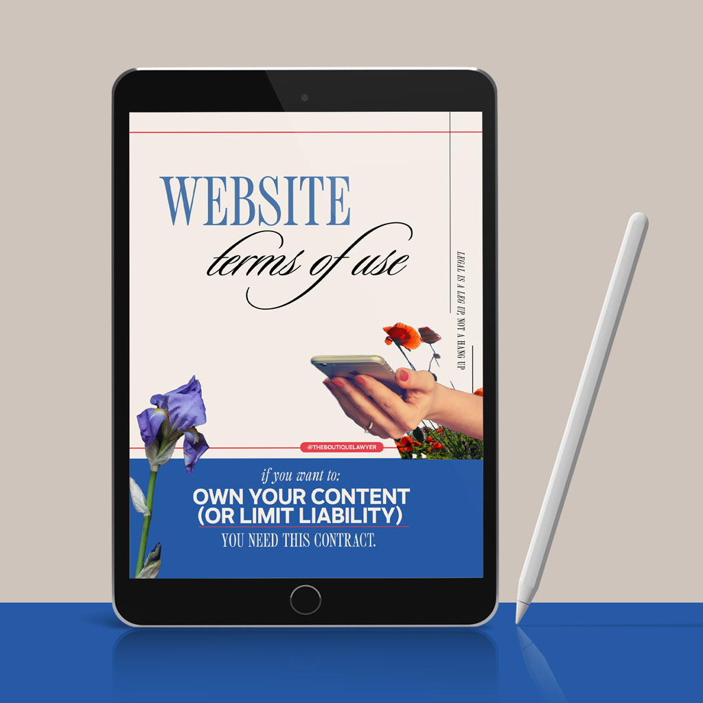 Digital tablet displaying a &quot;Website Terms of Use&quot; with flower and a hand holding a phone, stylus beside it.